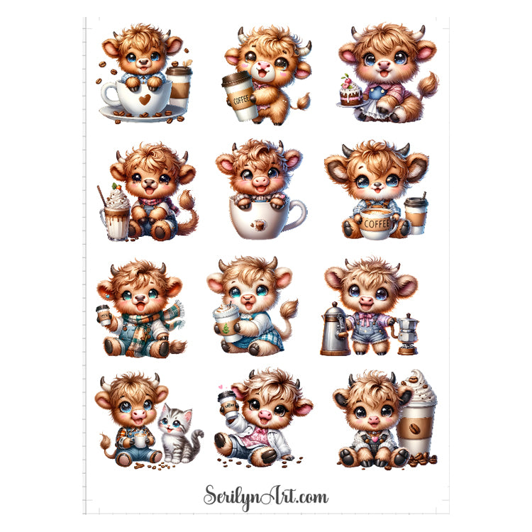 Coffee Highland Cows Sticker Sheet