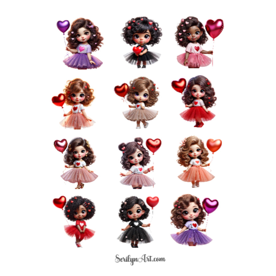 Cute Valentines Girls Sticker Sheet