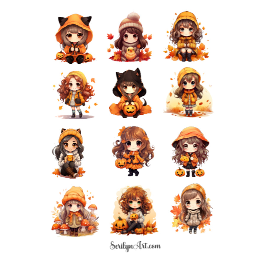 Fall Chibi Girls Sticker Sheet