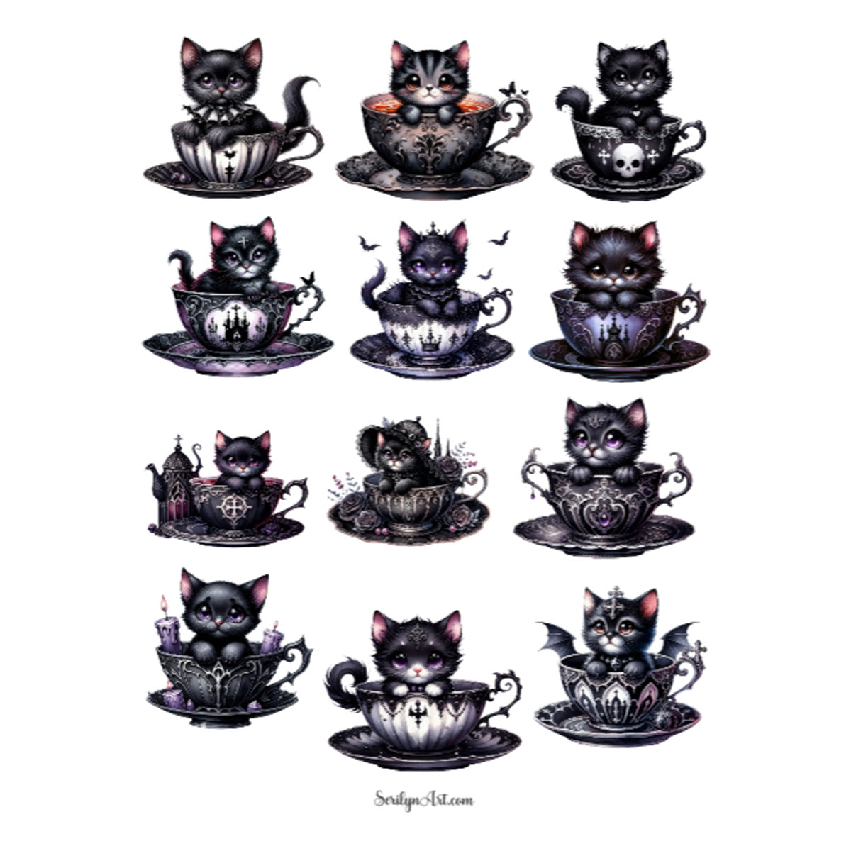 Gothic Teacup Kittens Sticker Sheet