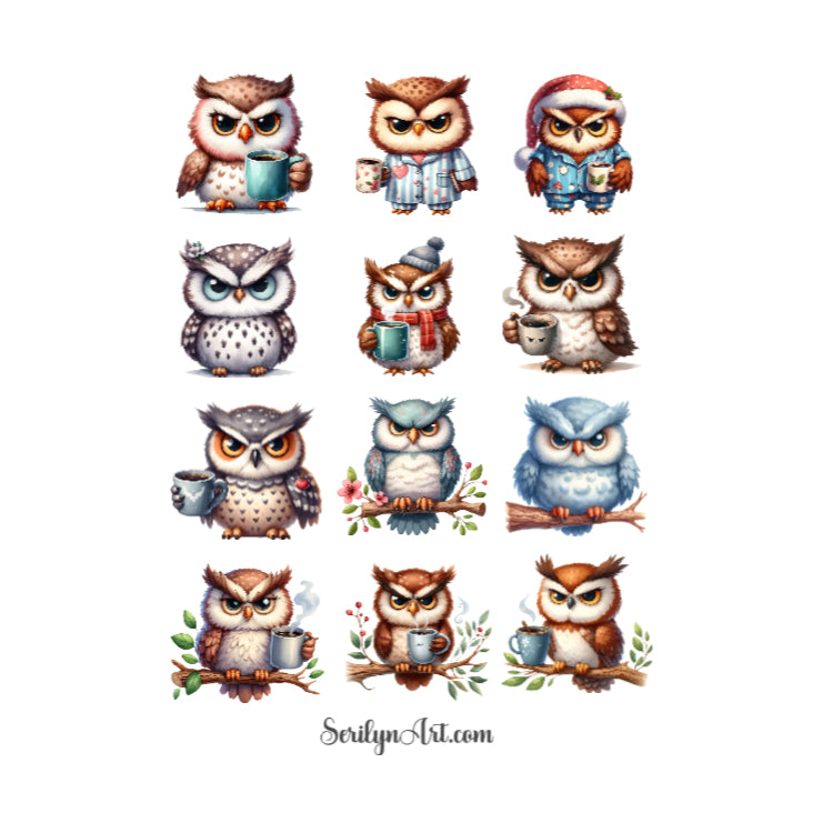 Grumpy Coffee Owls Sticker Sheet