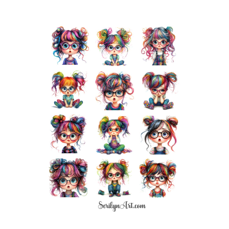 Quirky Girl with Glasses Sticker Sheet