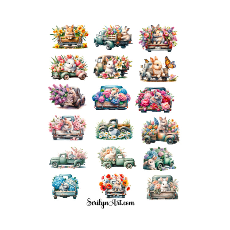 Spring Bunnies in Trucks Sticker Sheet