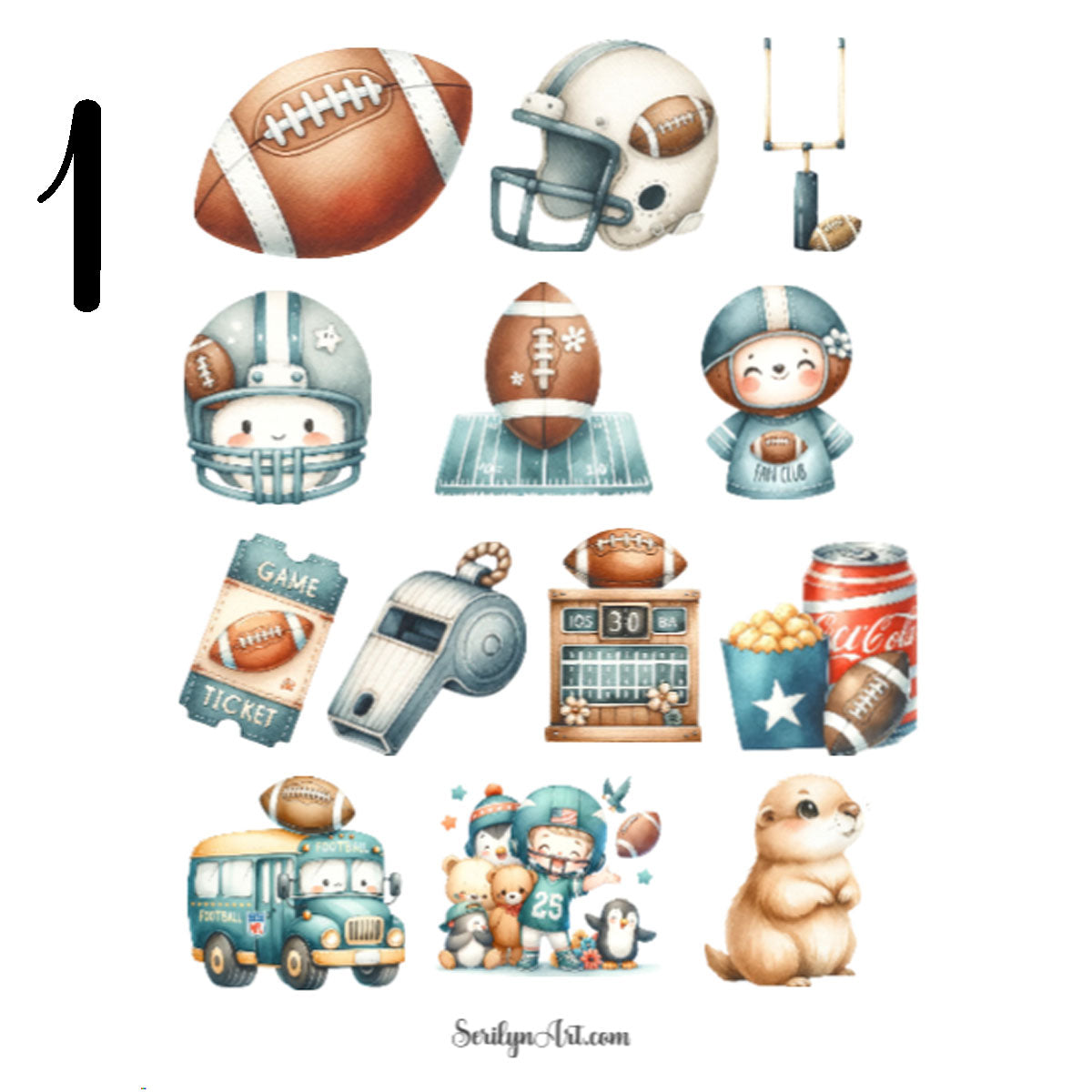 Watercolor Football Sticker Sheet
