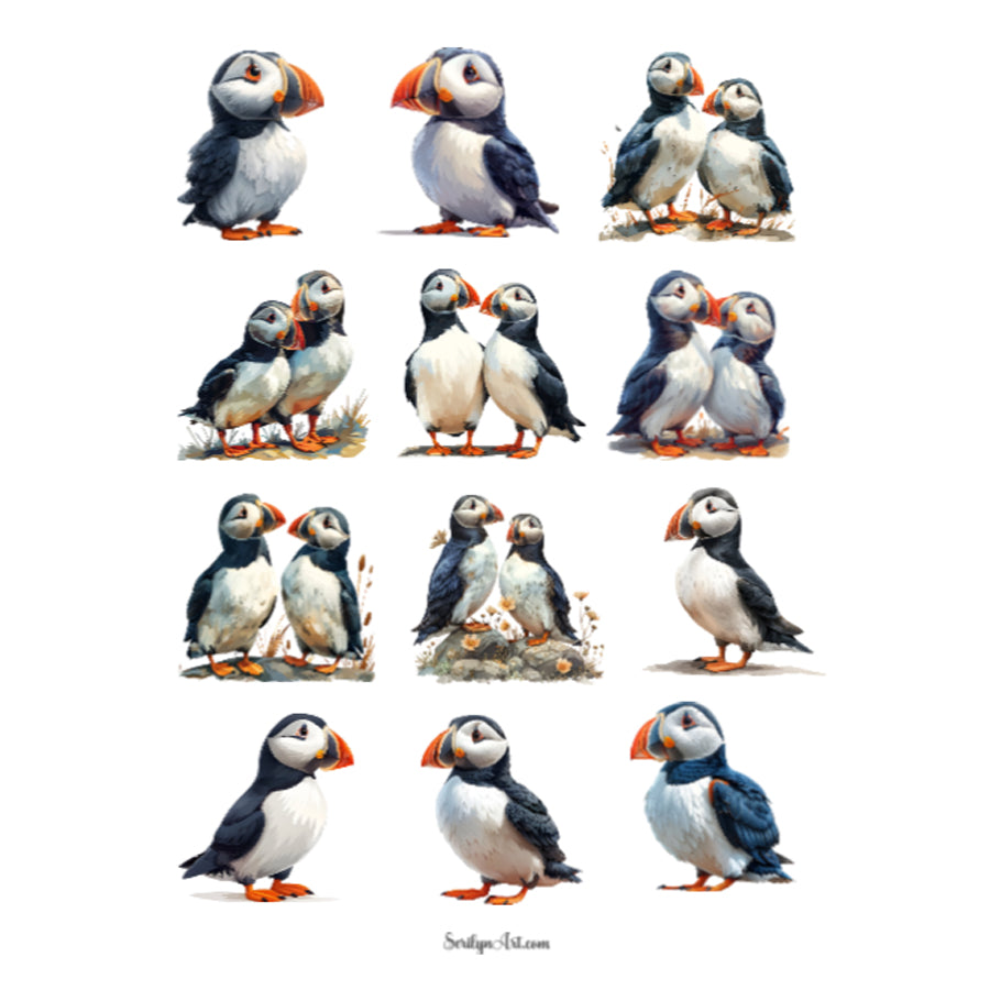 Watercolor Puffins Sticker Sheet