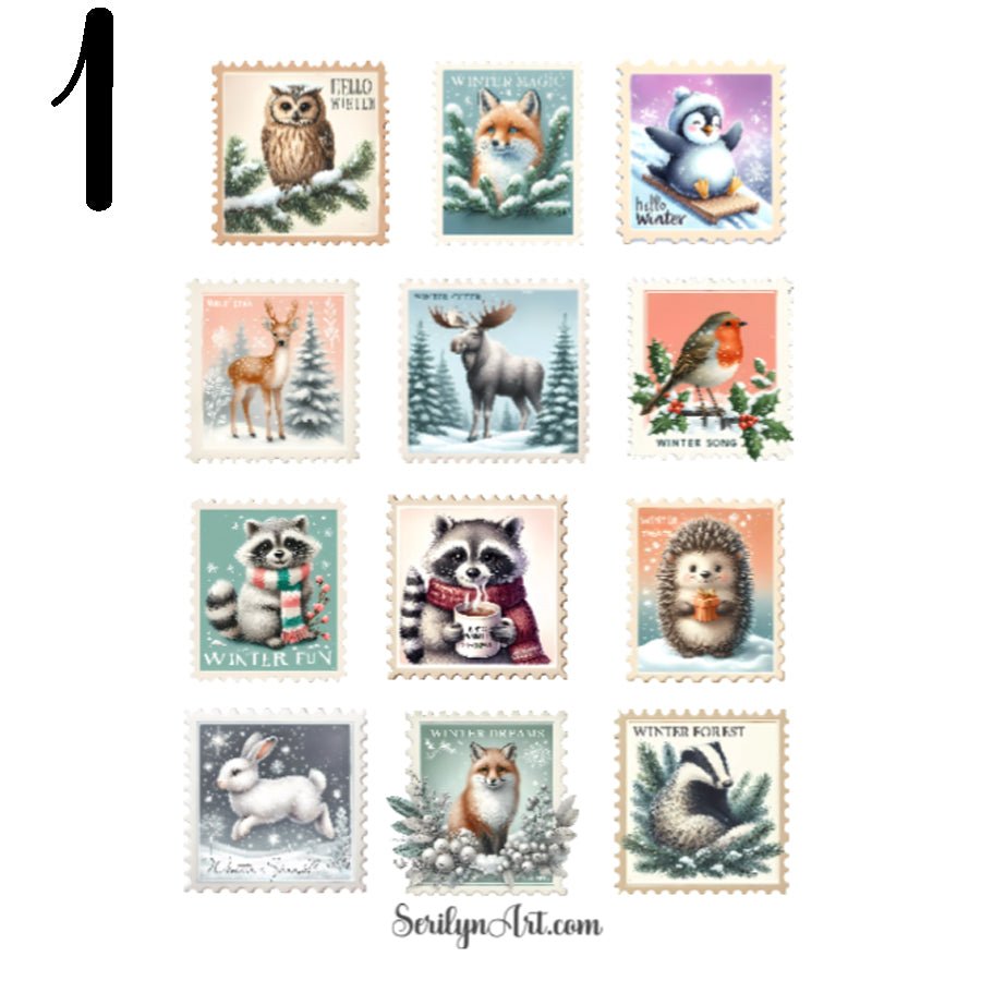 Winter Postage Stamps Sticker Sheet